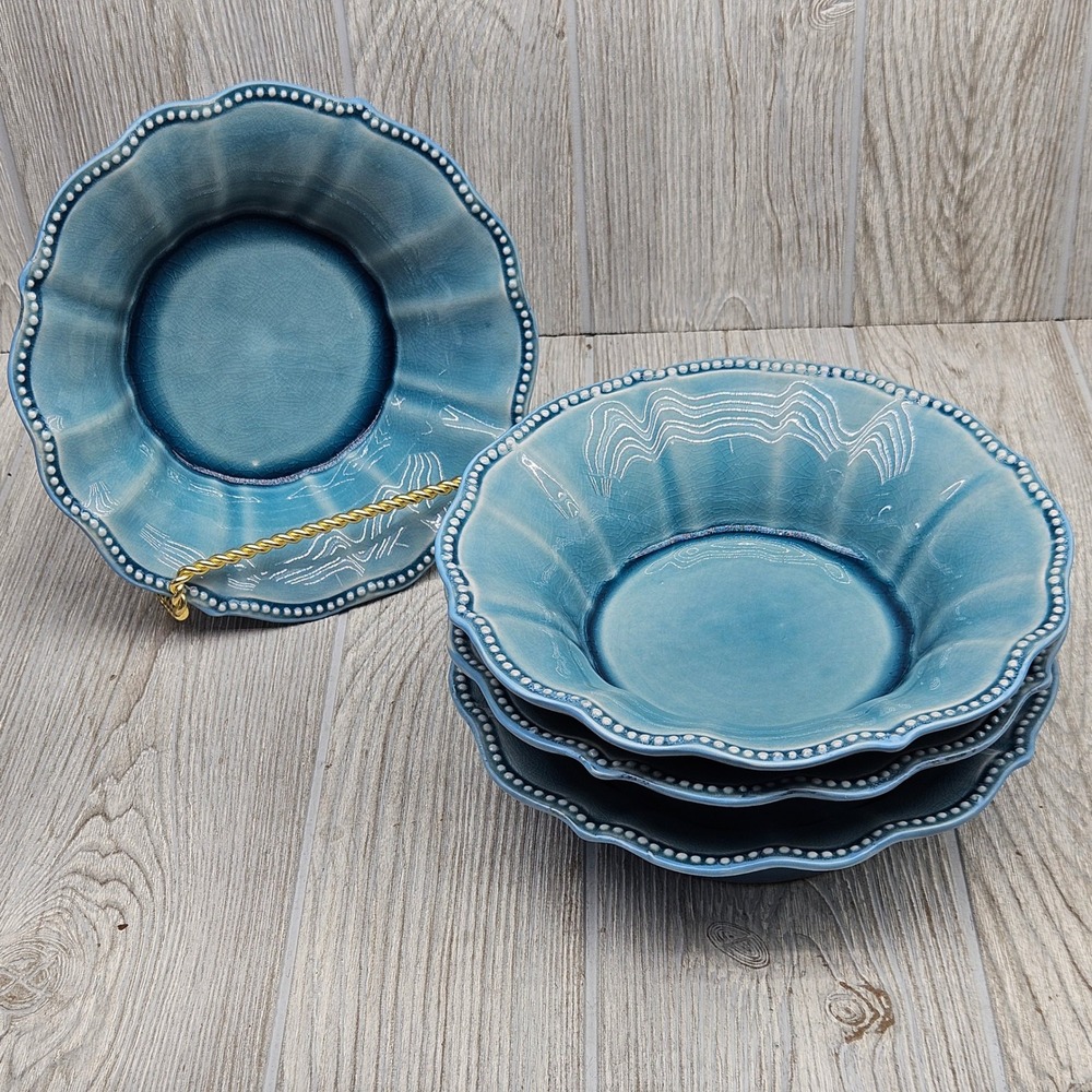 Pioneer Woman Paige Denim Blue Soup Cereal Bowls 8.25" Scalloped Set of 4